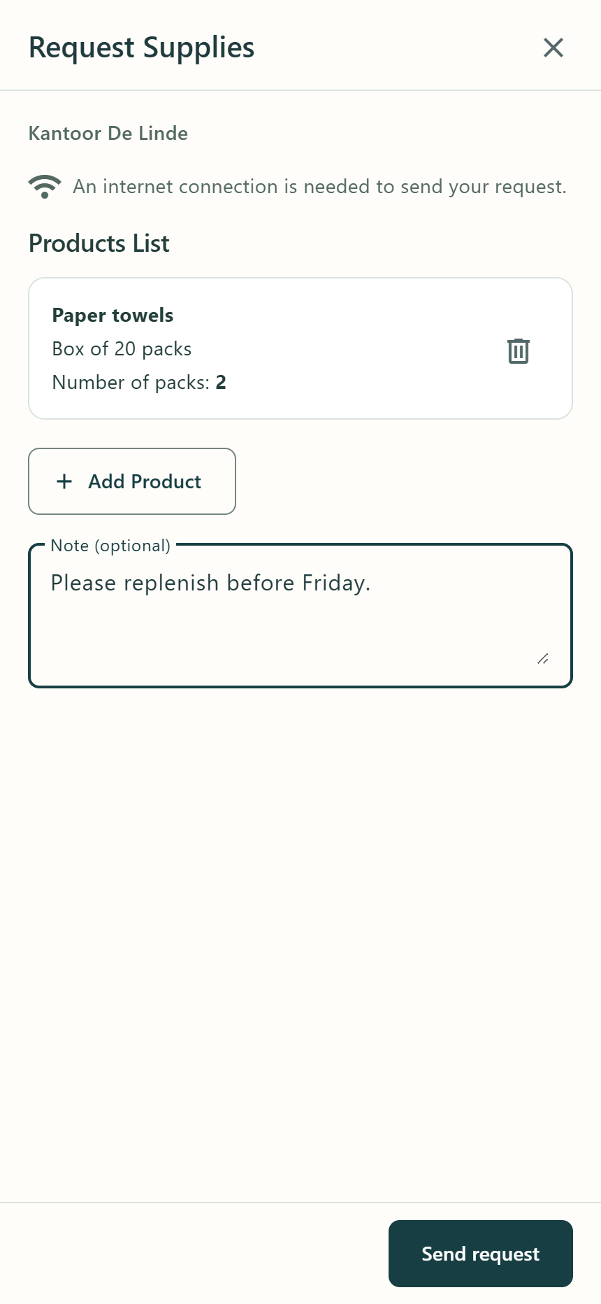 Request products and quantities